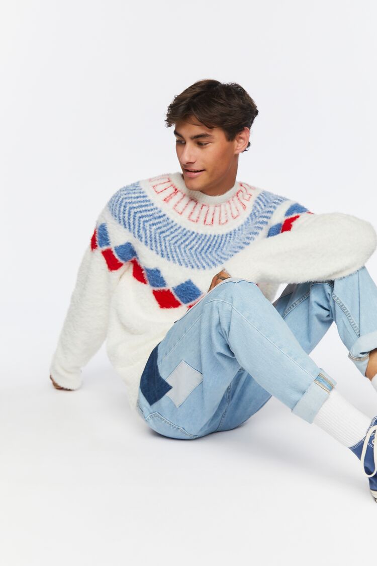 Cream Multi Fuzzy Knit Geo Pattern Sweater