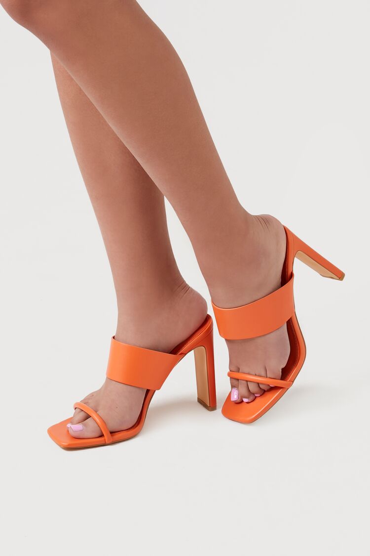 Orange Faux Leather Open-Toe Block Heels