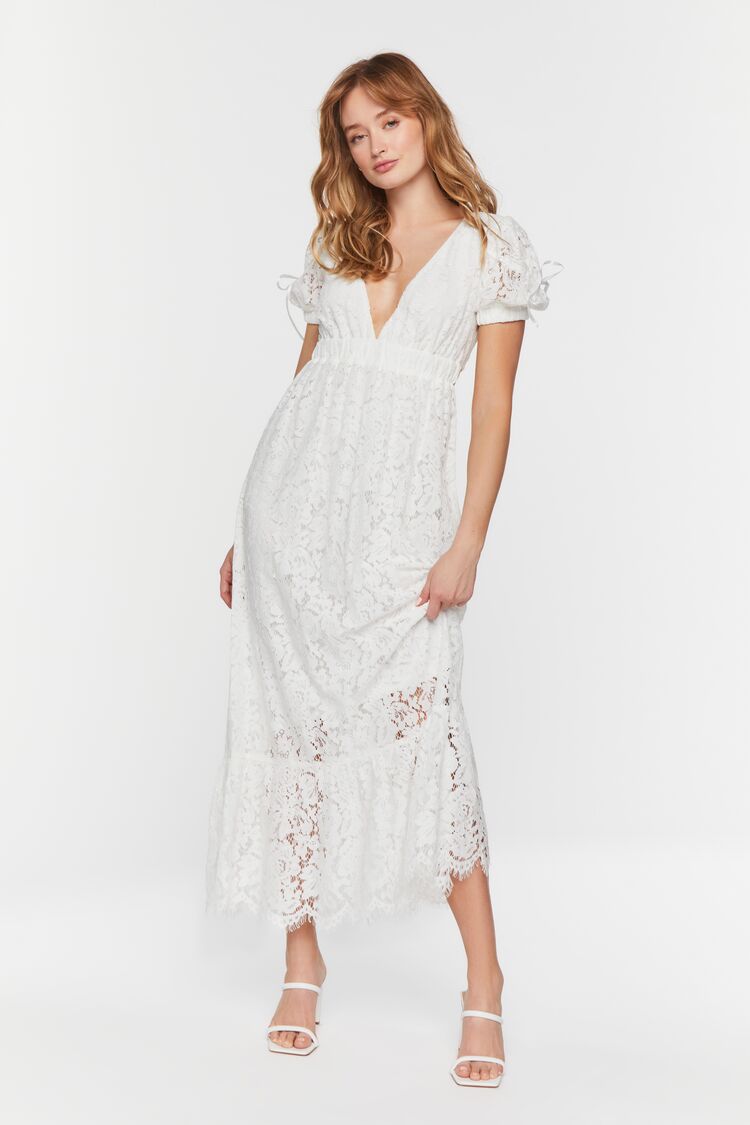 White Plunging Lace Maxi Dress