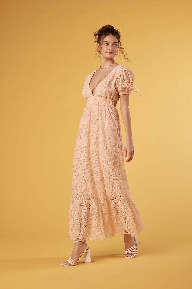 Peach Plunging Lace Maxi Dress