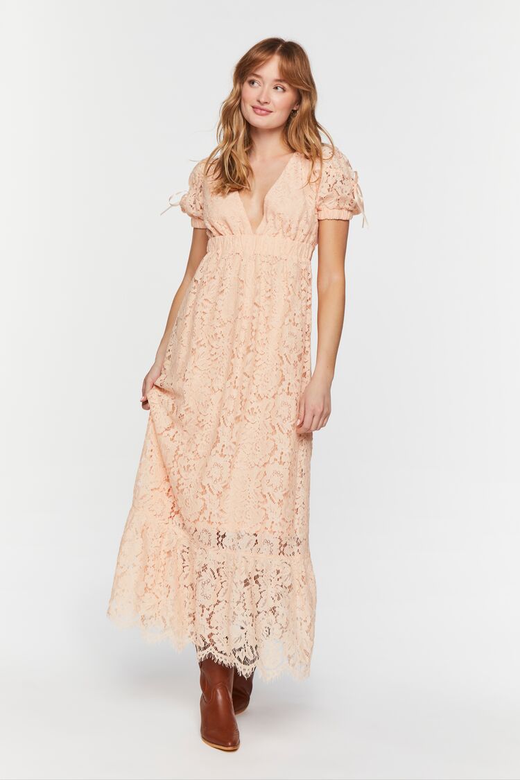 Peach Plunging Lace Maxi Dress 2