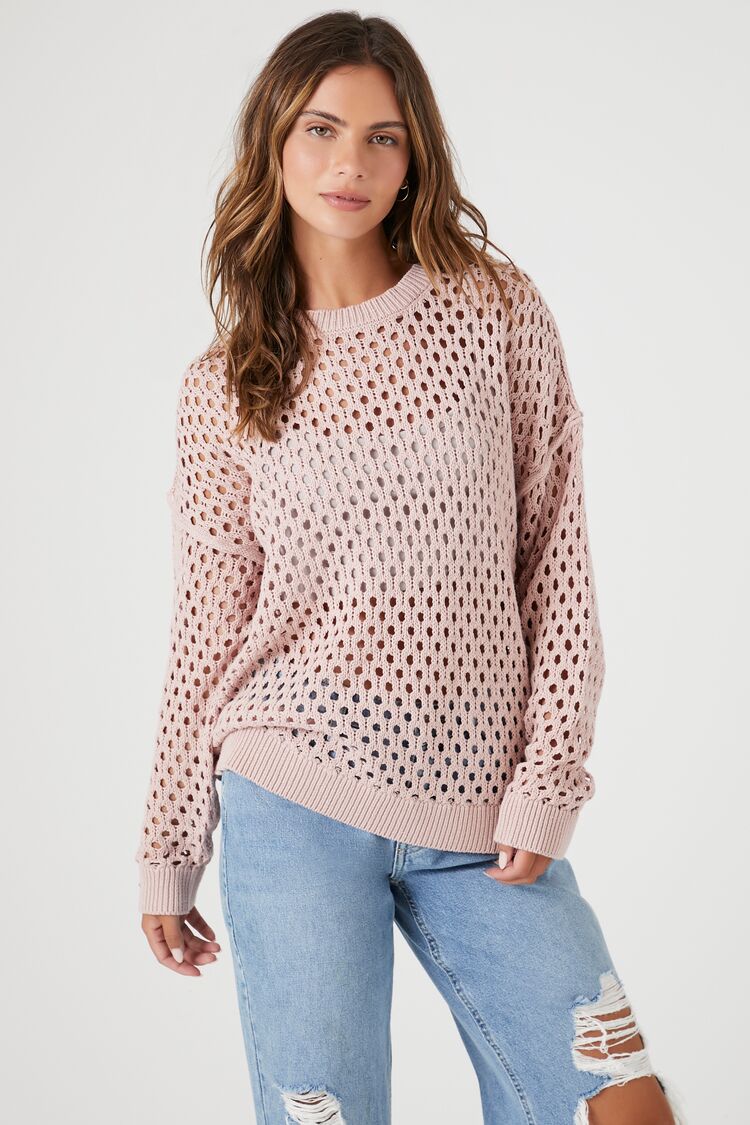 Nude Pink Open-Knit Drop-Sleeve Sweater