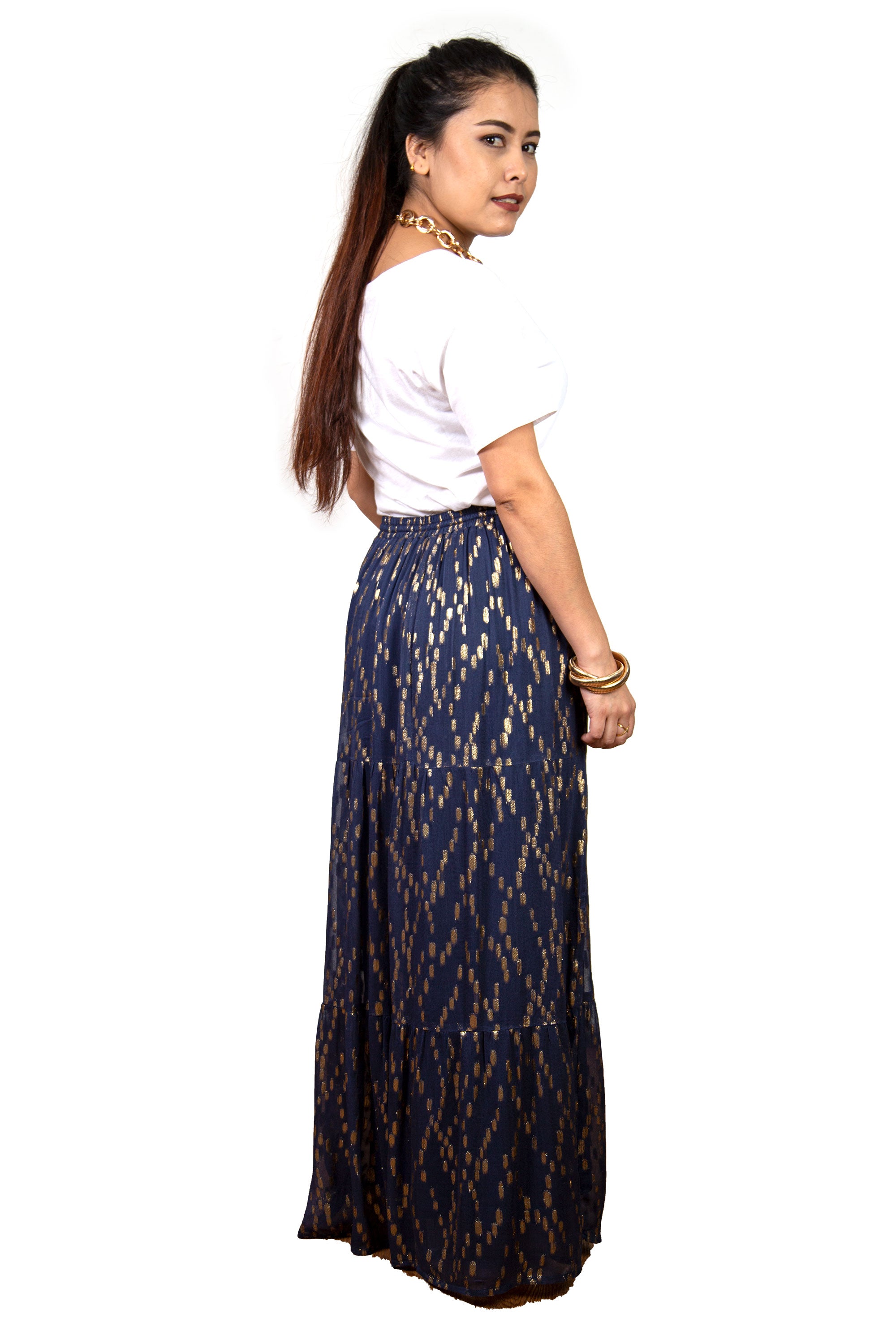 Iris Blue/Gold Tiered Metallic Maxi Skirt 2