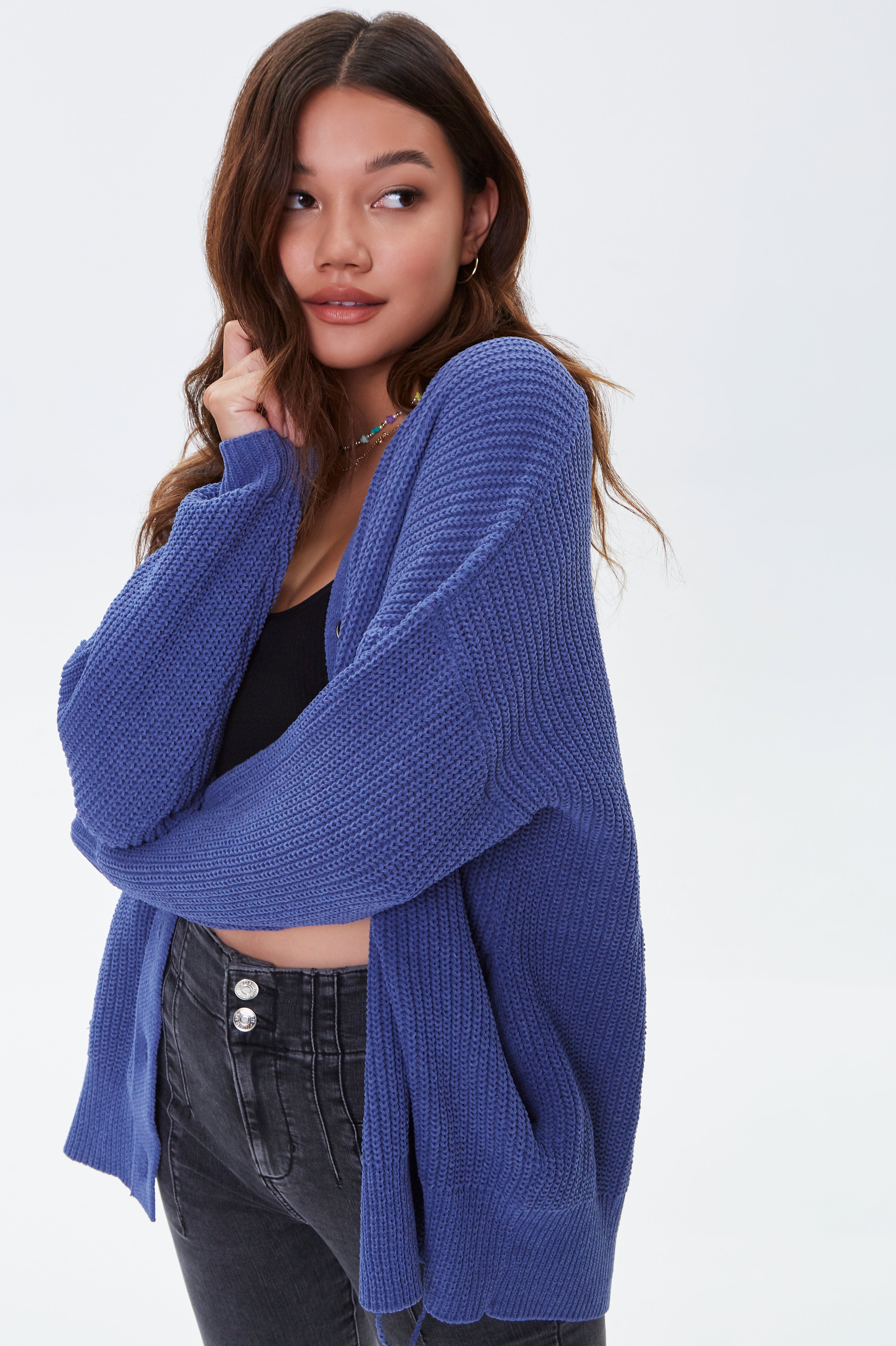Blue Ribbed Knit Cardigan Sweater 2