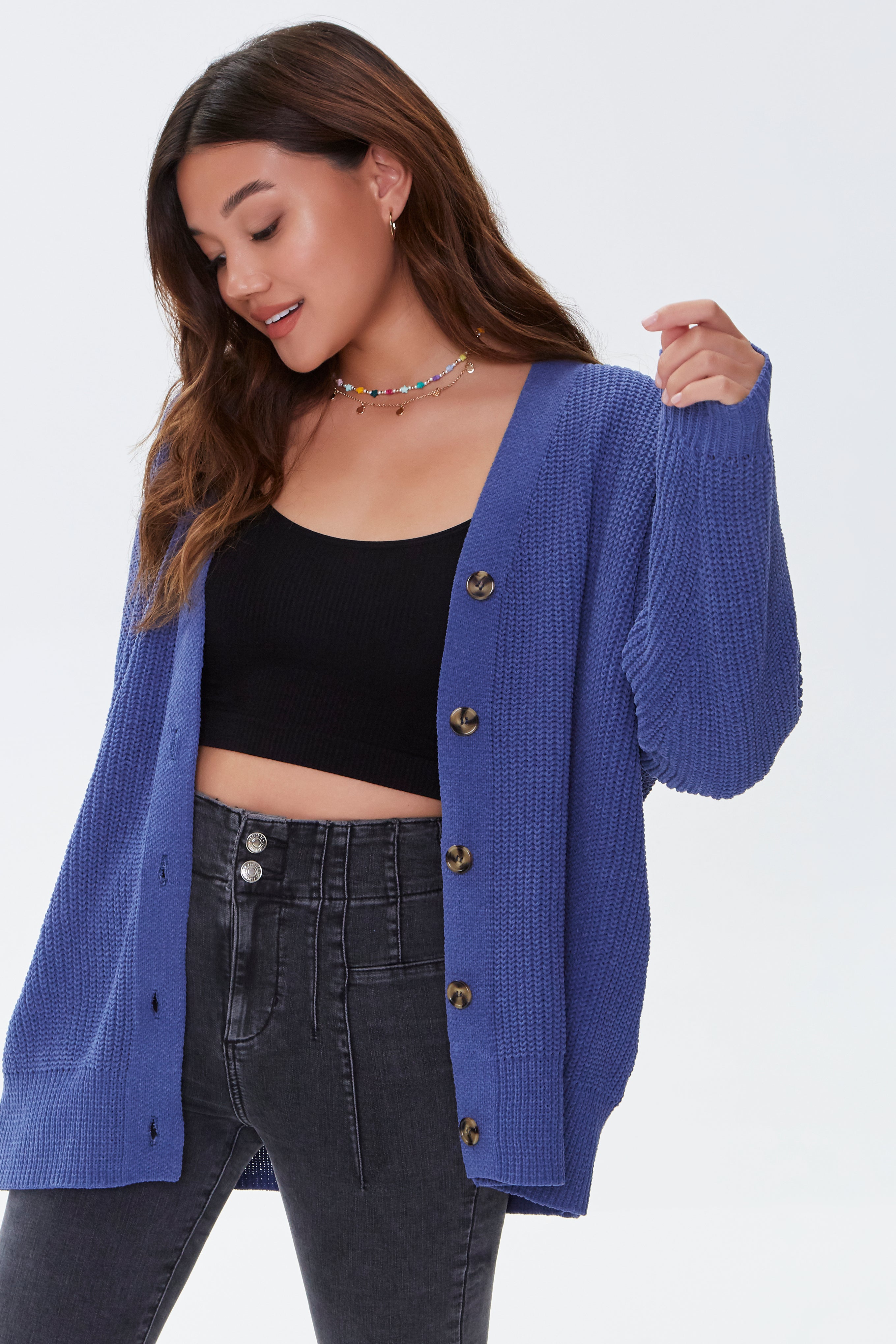 Blue Ribbed Knit Cardigan Sweater 1