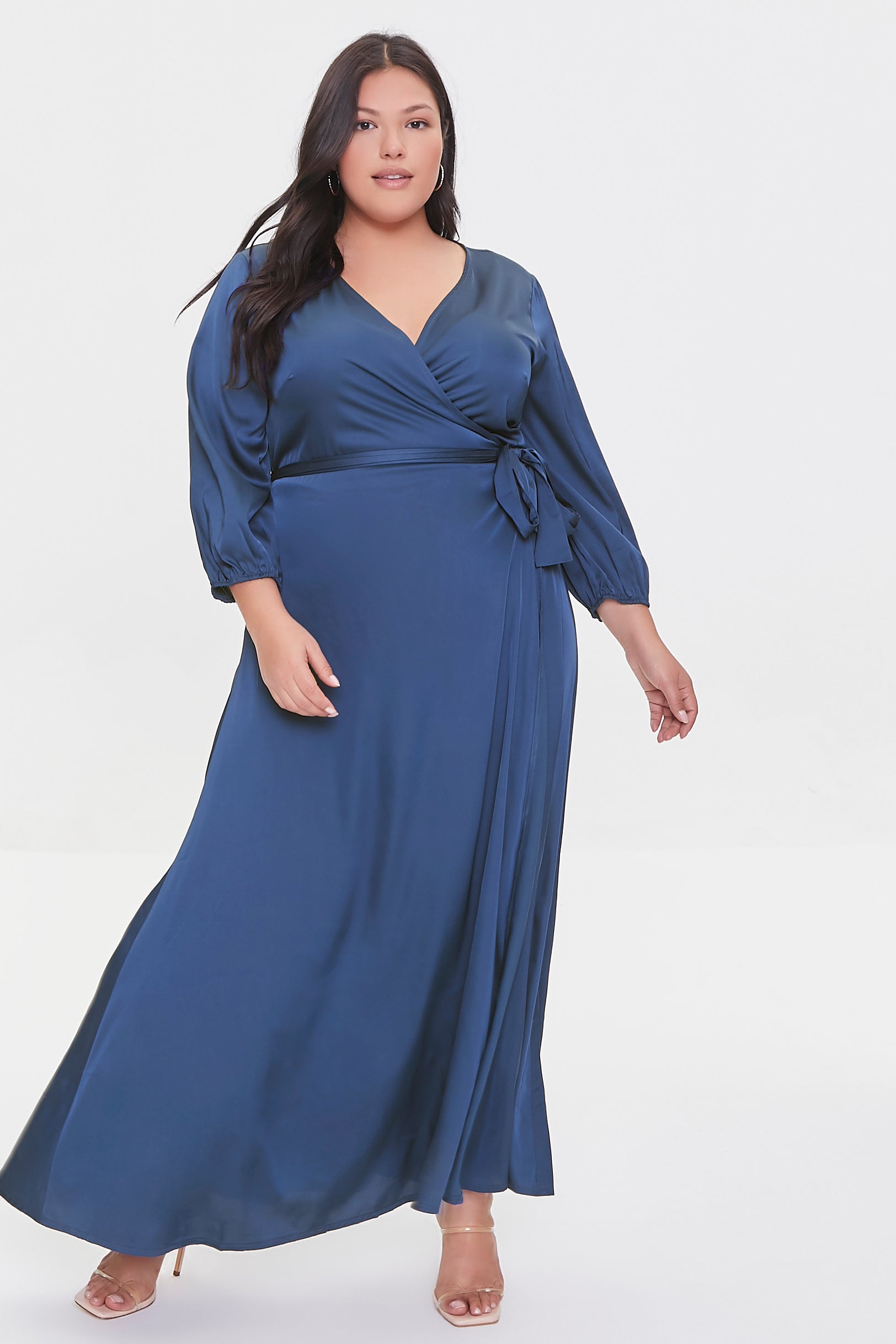 Blue Plus Size Surplice Maxi Wrap Dress 
