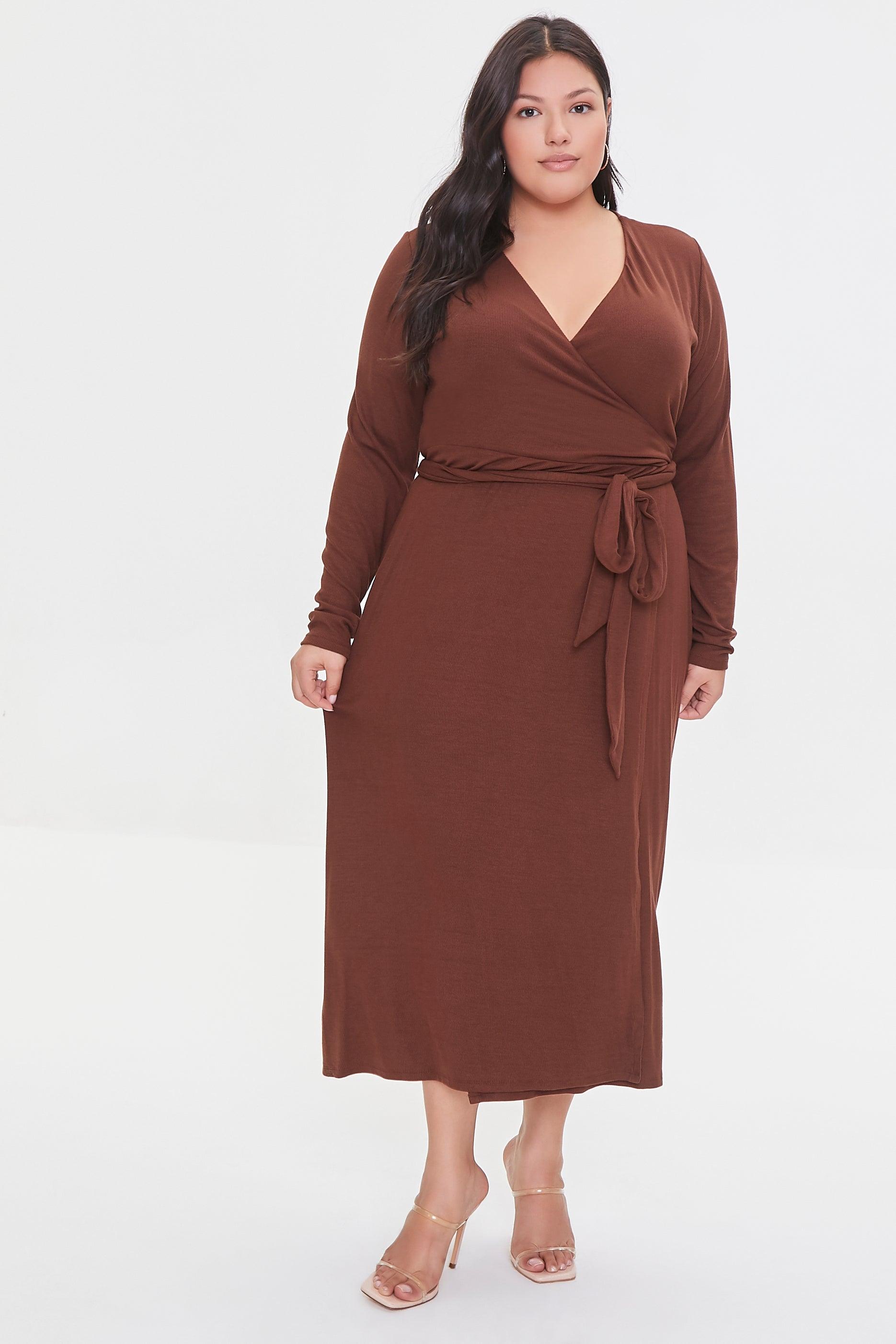 Brown Plus Size Maxi Wrap Dress 