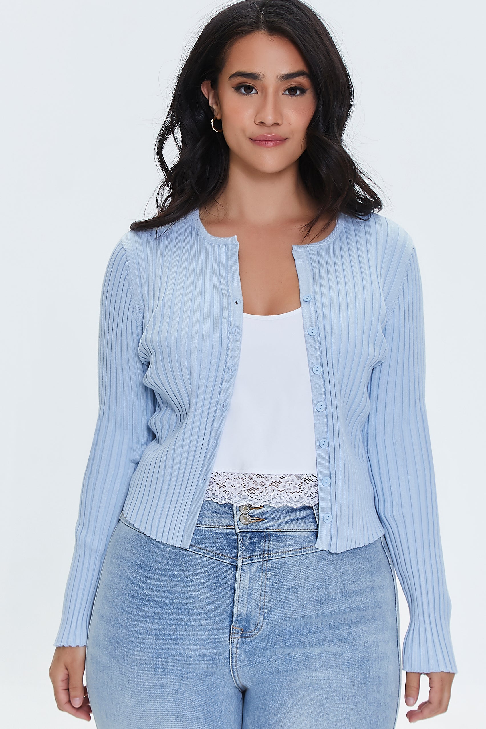 Skyblue Plus Size Ribbed Knit Cardigan Sweater 