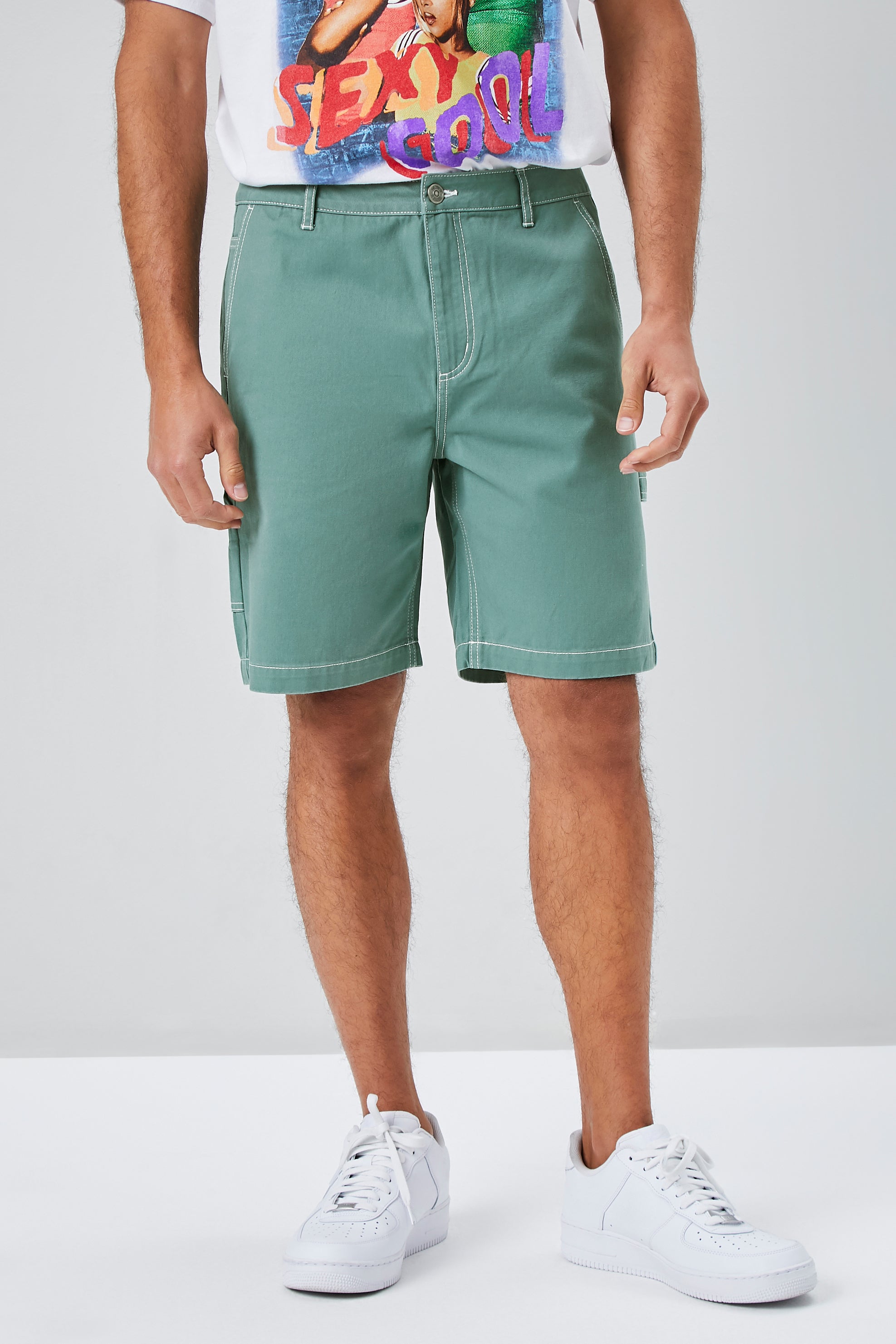 Greenwhite Contrast-Stitch Utility Shorts 1