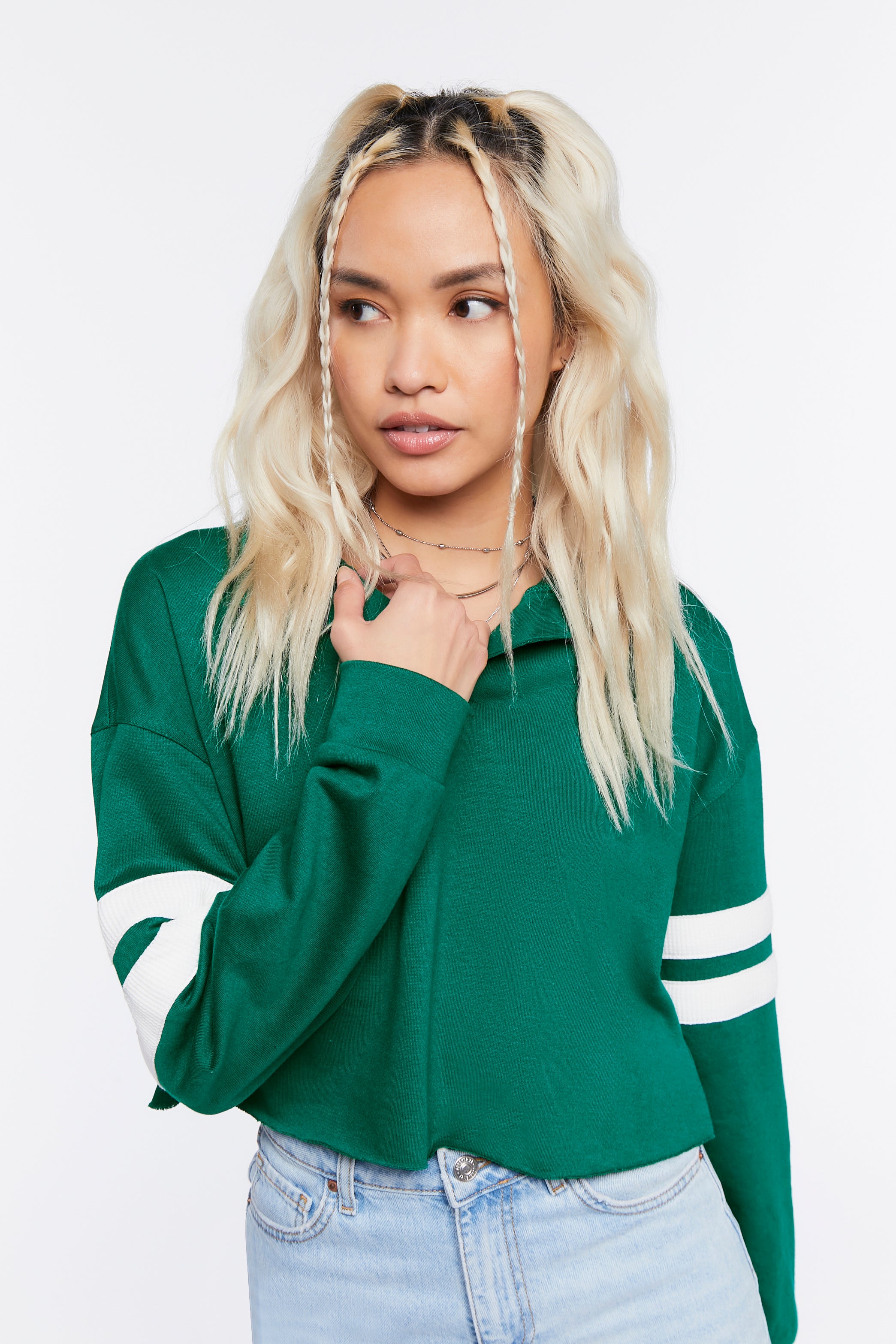 Greenwhite Cropped Varsity-Striped Pullover 1