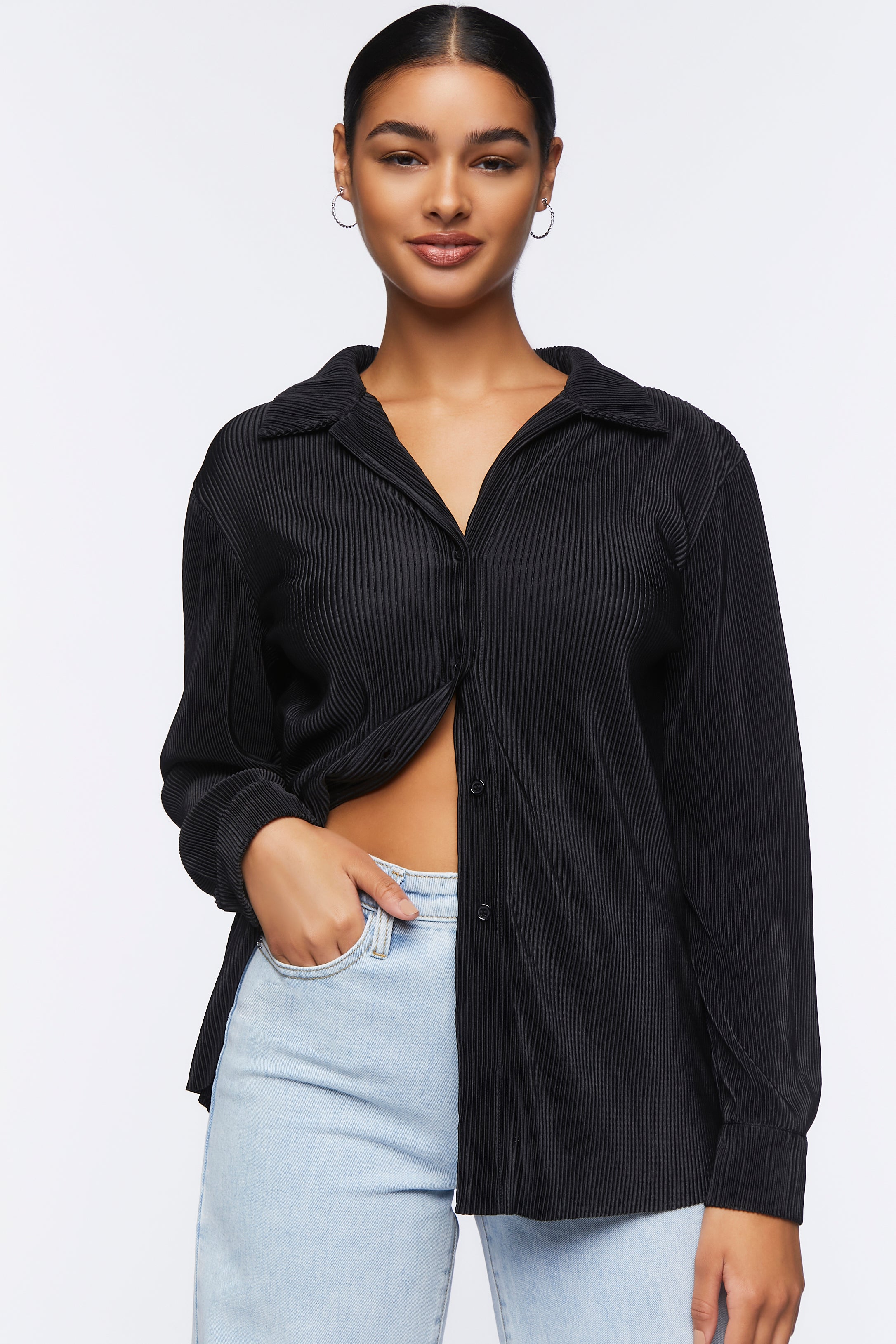 Black Plisse Long-Sleeve Shirt 1