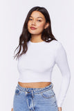 White Ribbed Knit Long-Sleeve Crop Top 