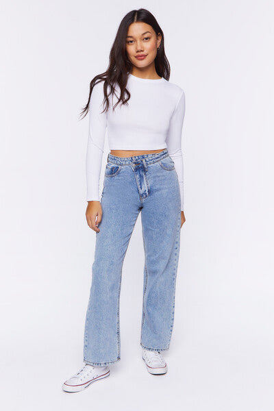 White Ribbed Knit Long-Sleeve Crop Top 3