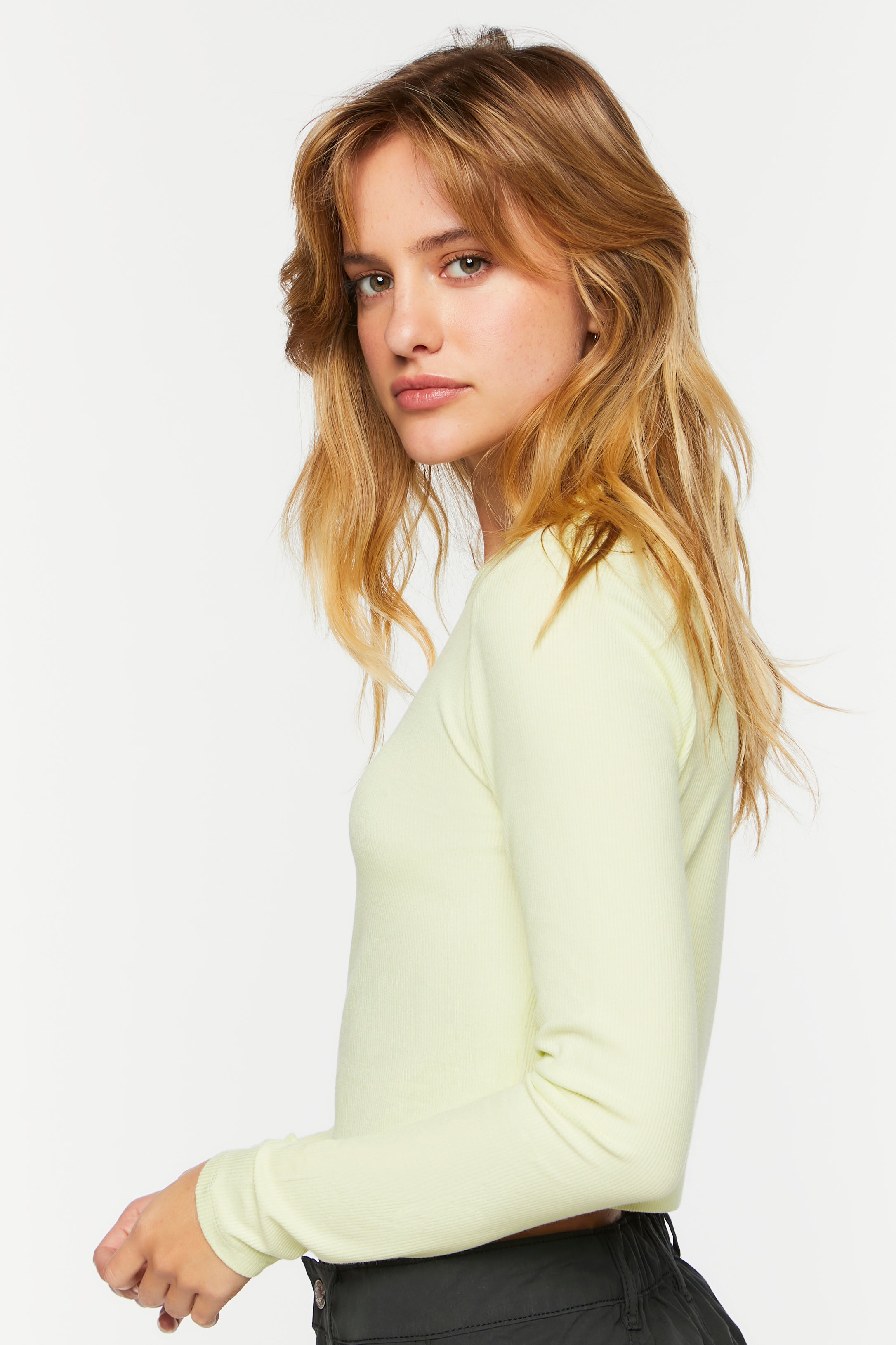 Butterflygreen Ribbed Knit Long-Sleeve Crop Top 2