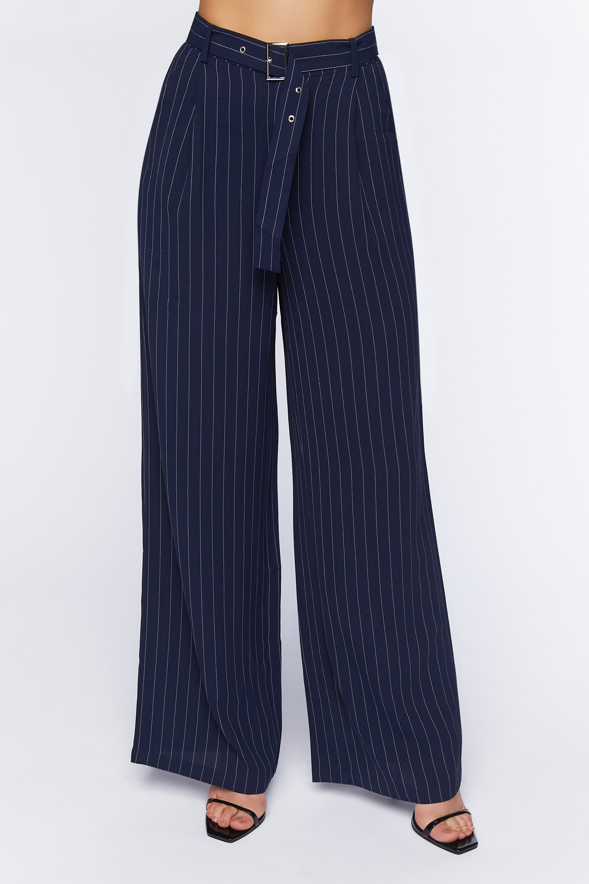 Navywhite Belted Pinstripe Trousers 1