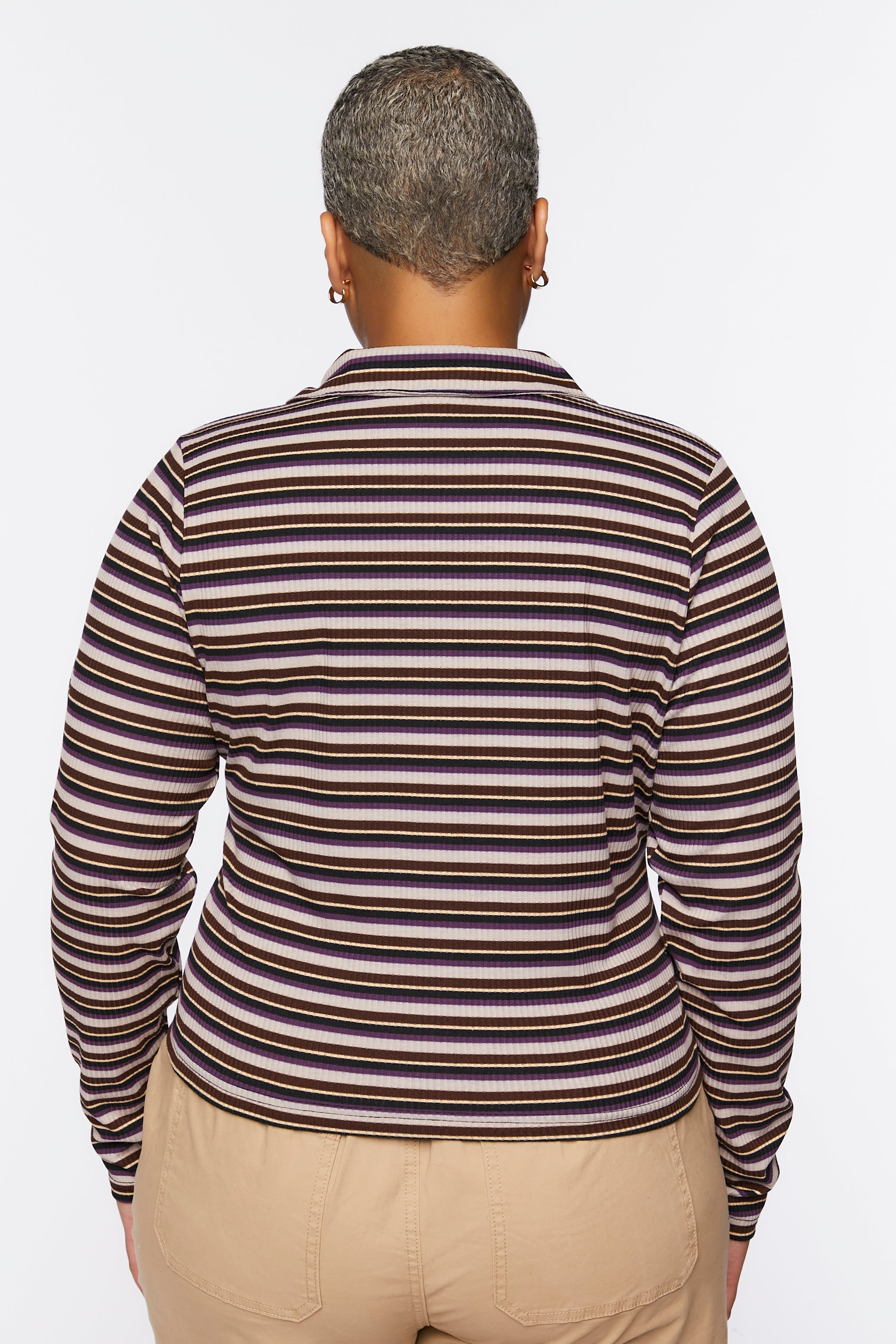 Brownmulti Plus Size Striped Ribbed Knit Shirt 3