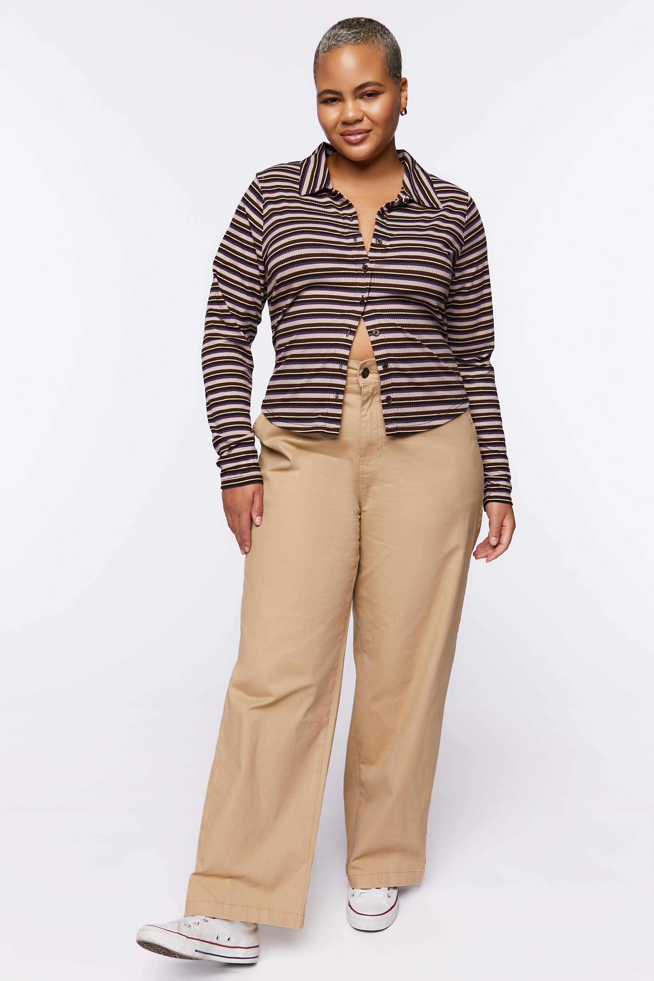 Brownmulti Plus Size Striped Ribbed Knit Shirt 