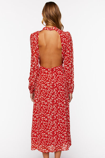 Redmulti Ditsy Floral Print Open-Back Midi Dress 2