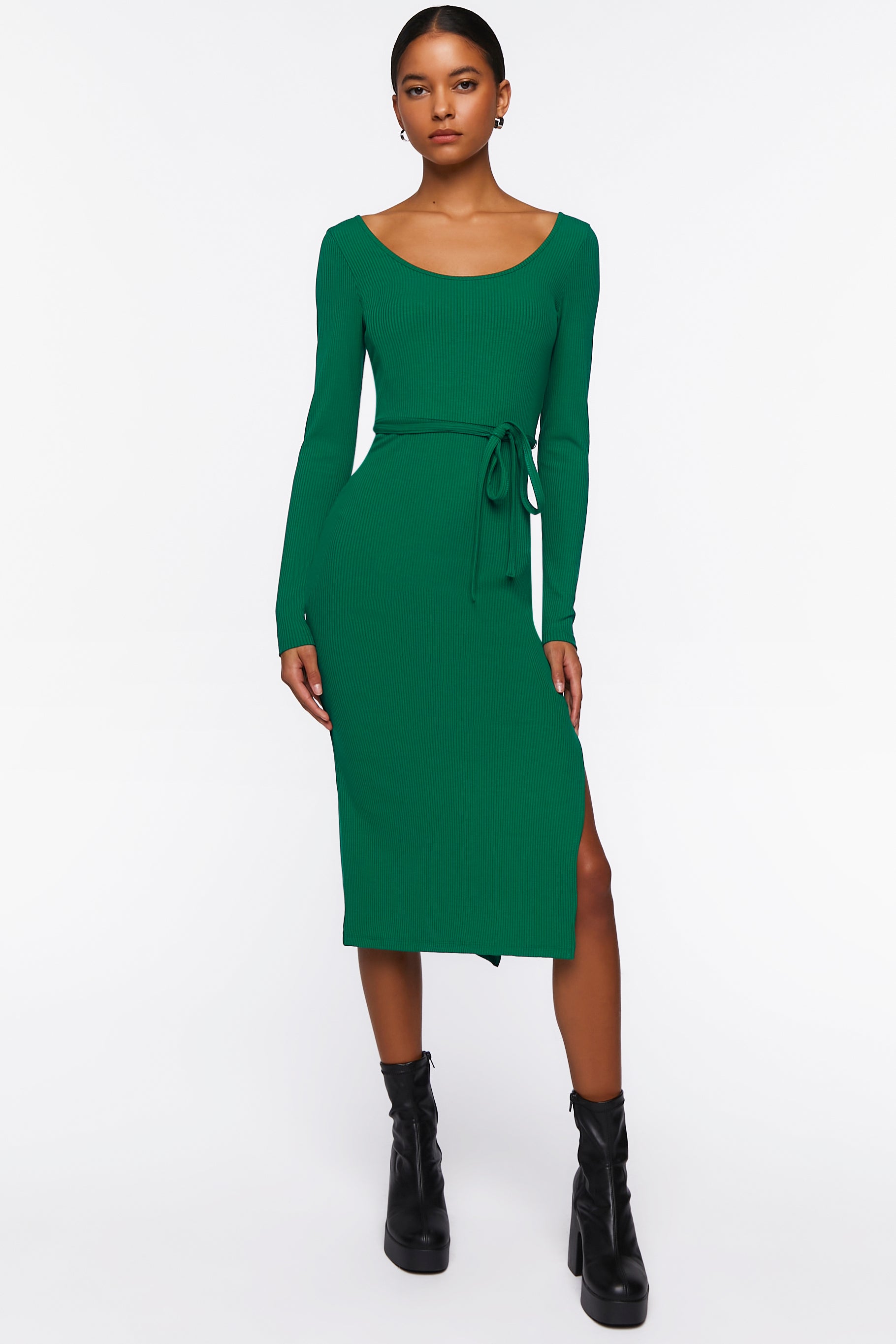 Emerald Tie-Waist Slit Midi Dress 