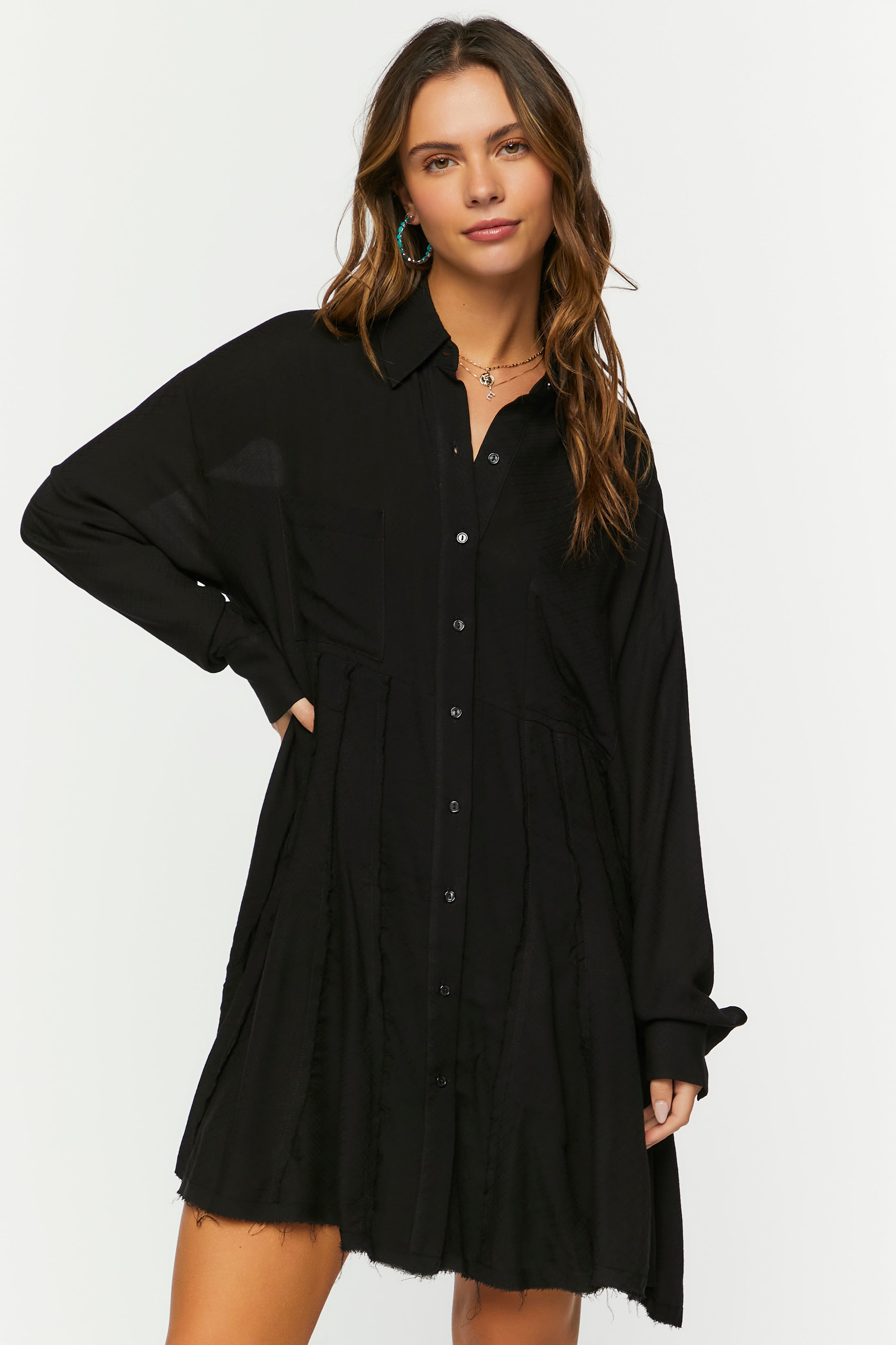 Black Long-Sleeve Mini Shirt Dress
