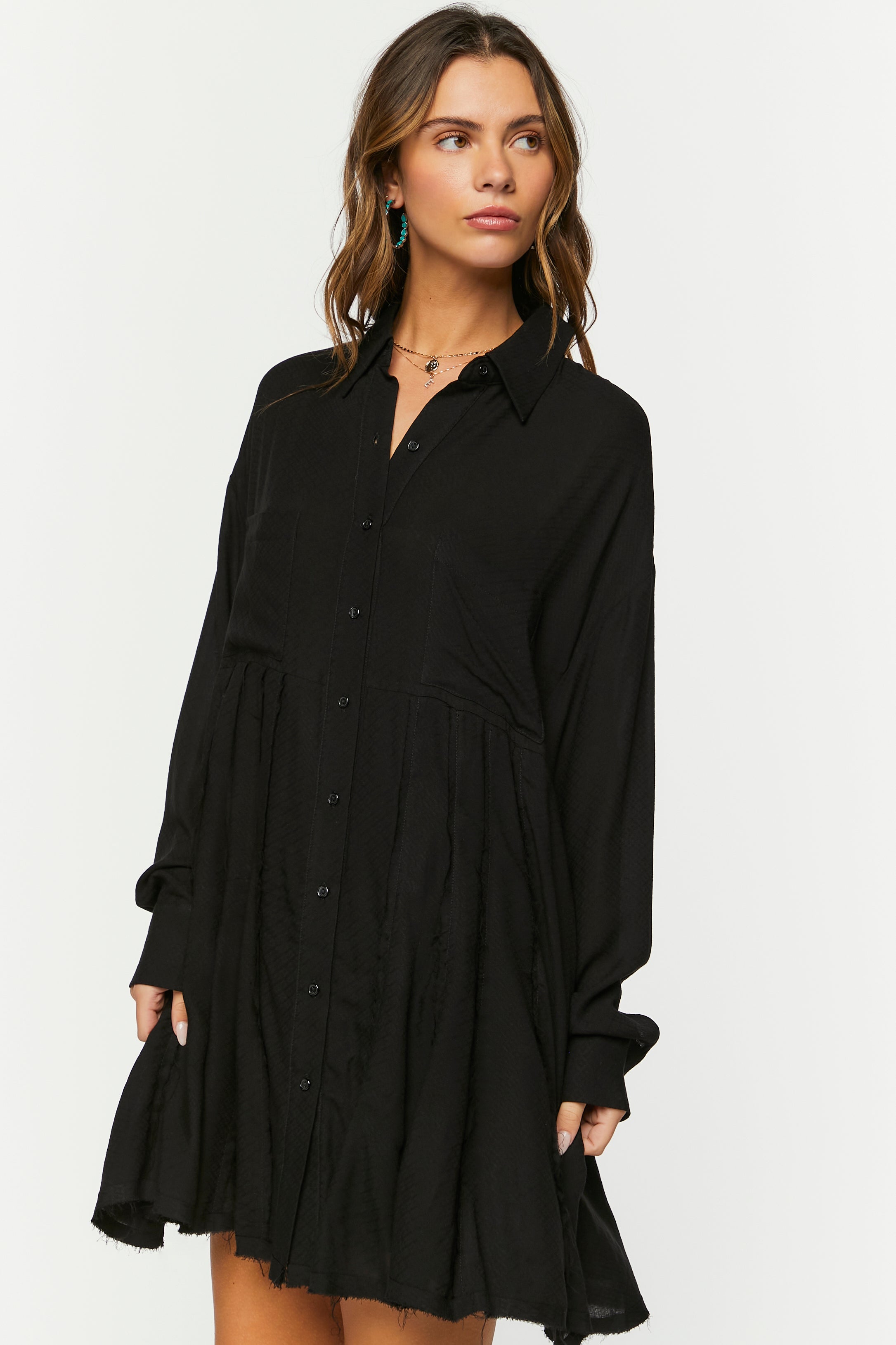 Black Long-Sleeve Mini Shirt Dress 1