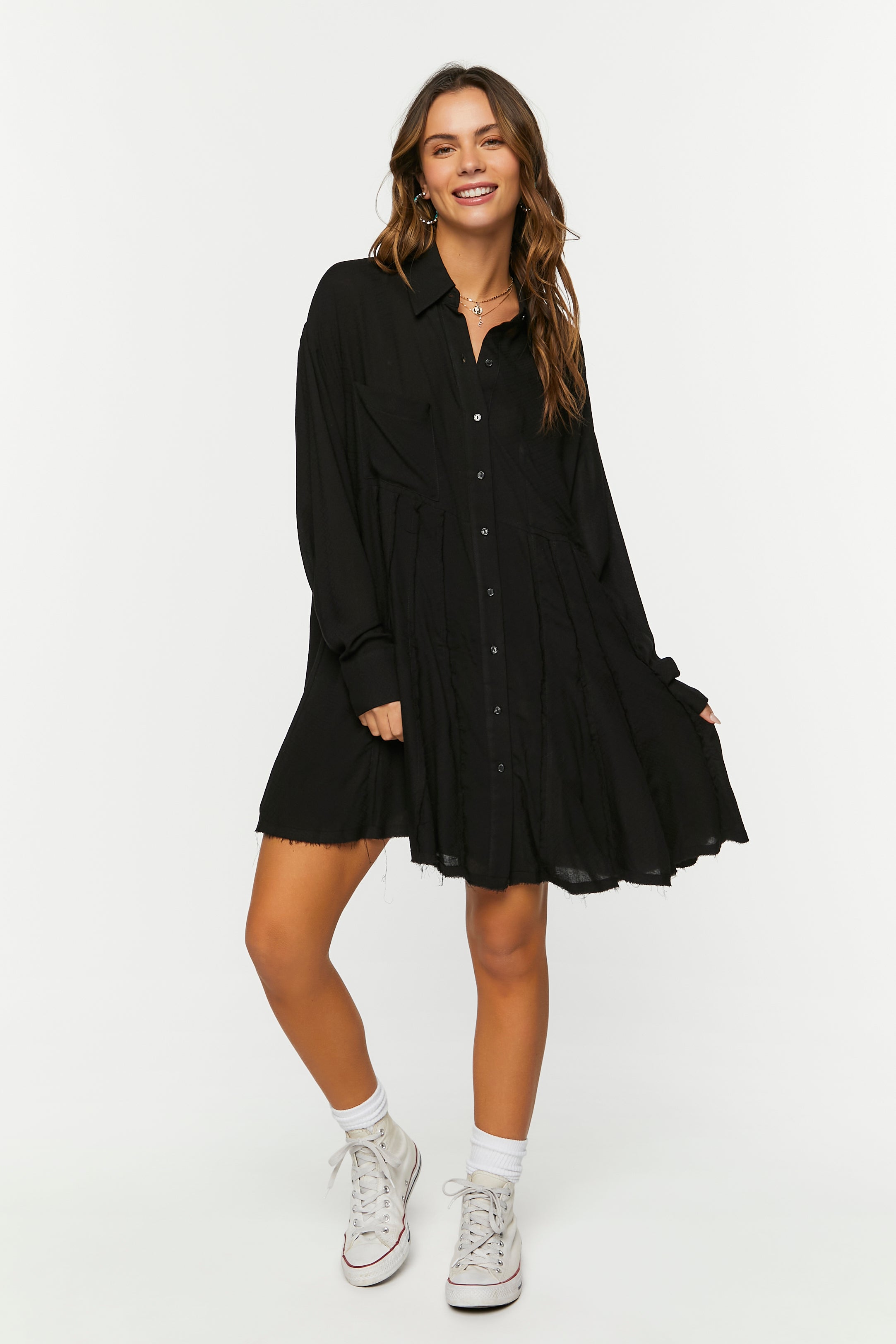 Black Long-Sleeve Mini Shirt Dress 3