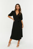Black Linen-Blend Wrap Midi Dress