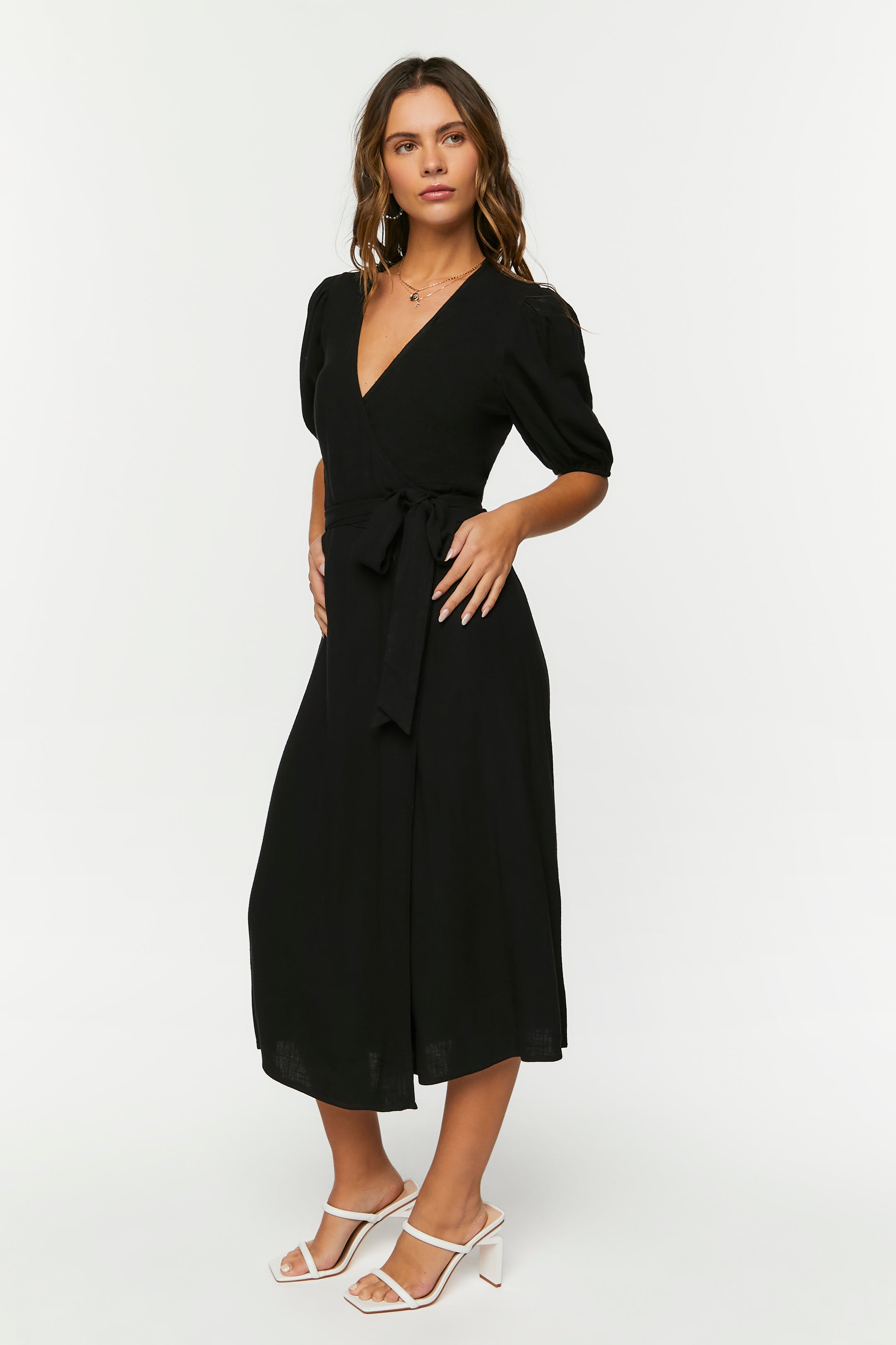 Black Linen-Blend Wrap Midi Dress 1