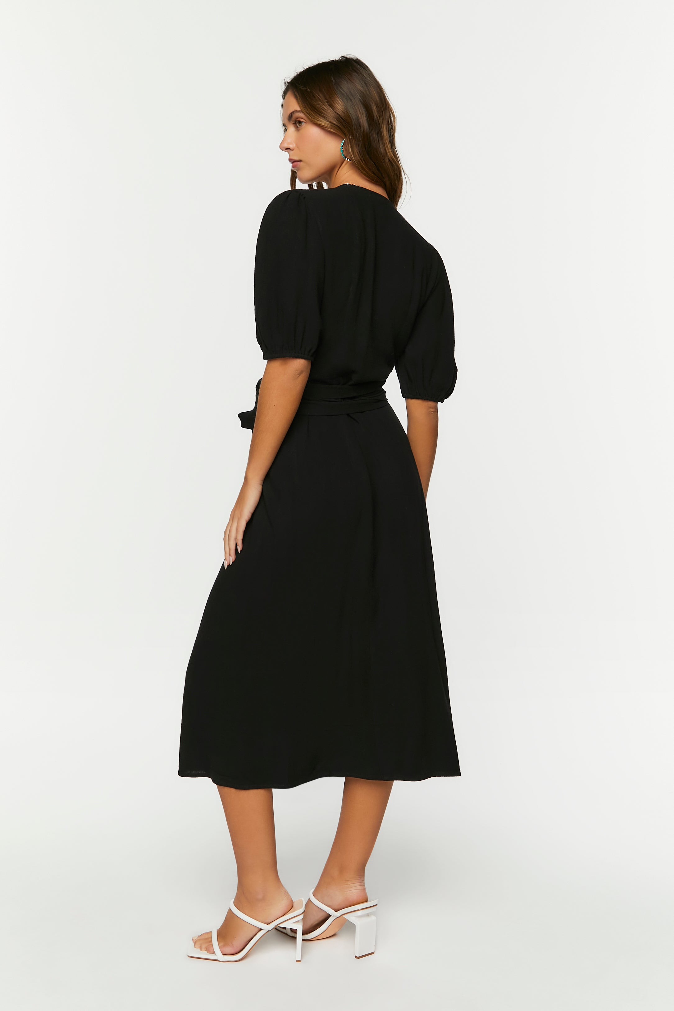 Black Linen-Blend Wrap Midi Dress 2