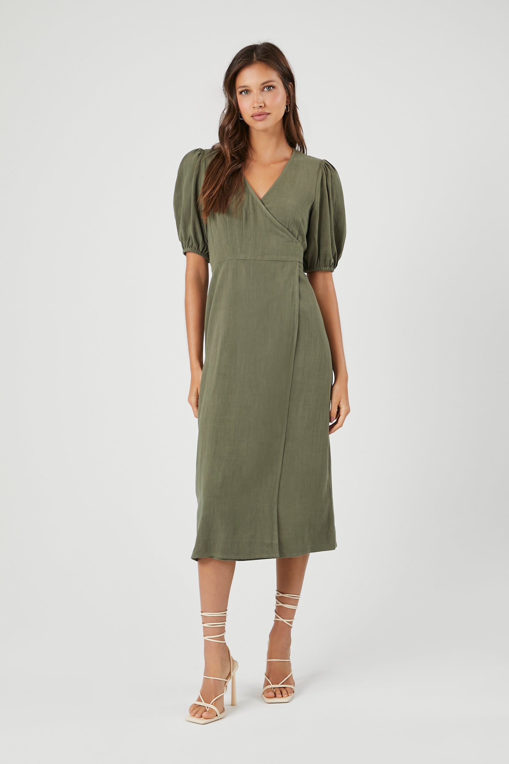 Olive Linen-Blend Wrap Midi Dress