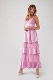 Pink Satin Lace-Tiered Maxi Dress