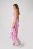 Pink Satin Lace-Tiered Maxi Dress 1
