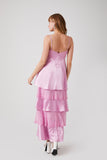 Pink Satin Lace-Tiered Maxi Dress 2