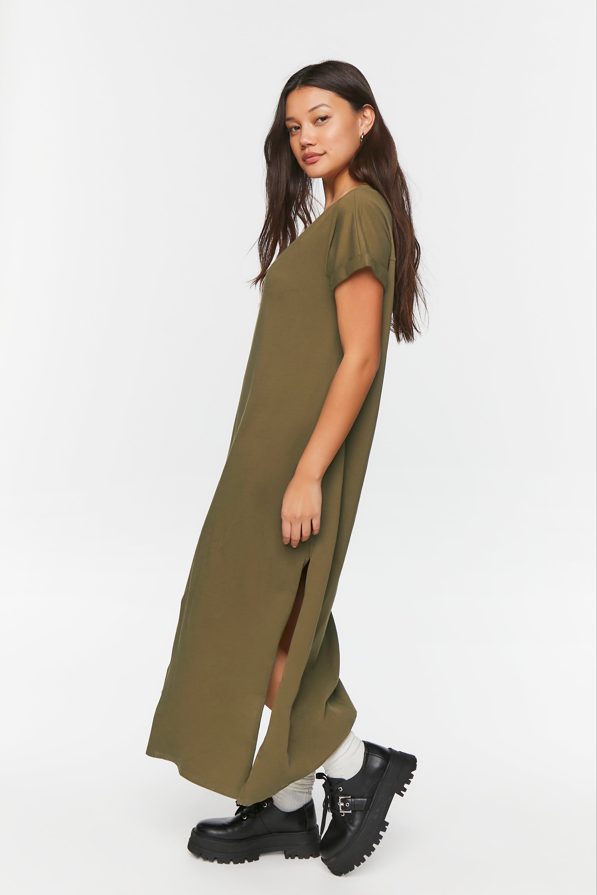 Olive V-Neck Short-Sleeve Maxi Dress 1