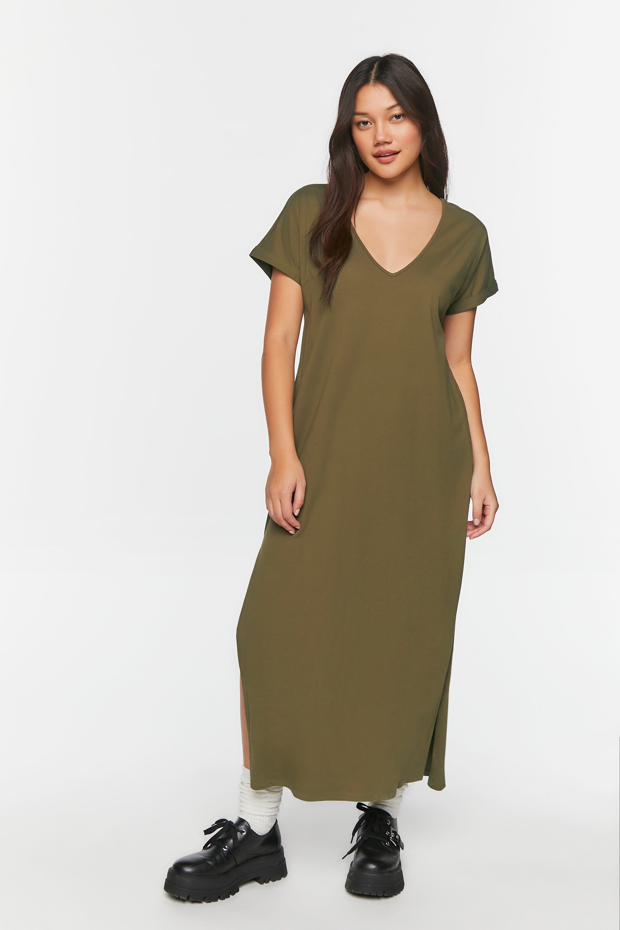 Olive V-Neck Short-Sleeve Maxi Dress 3