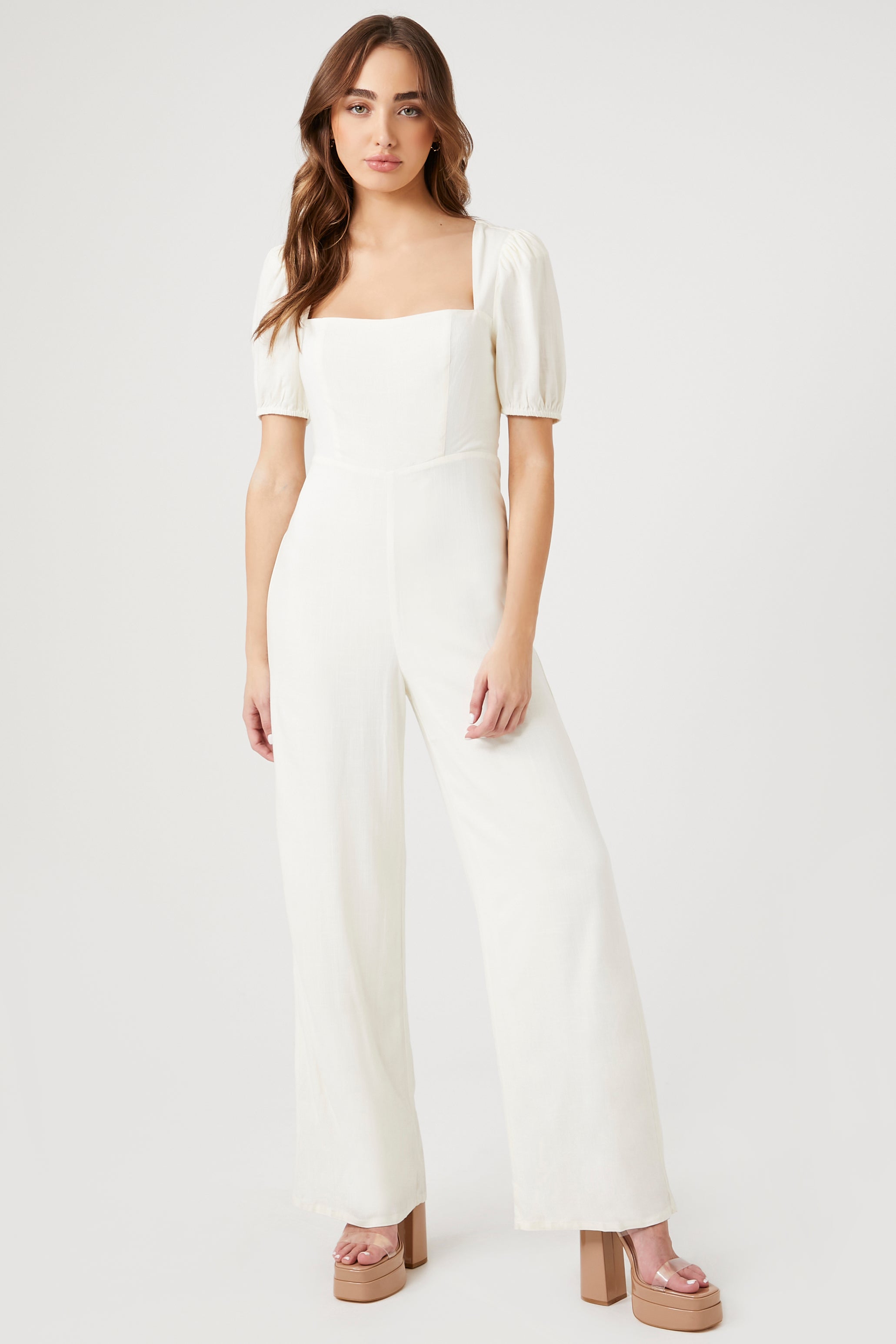Cream Puff-Sleeve Linen Jumpsuit