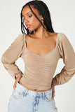 Taupe Ruched Peasant-Sleeve Top