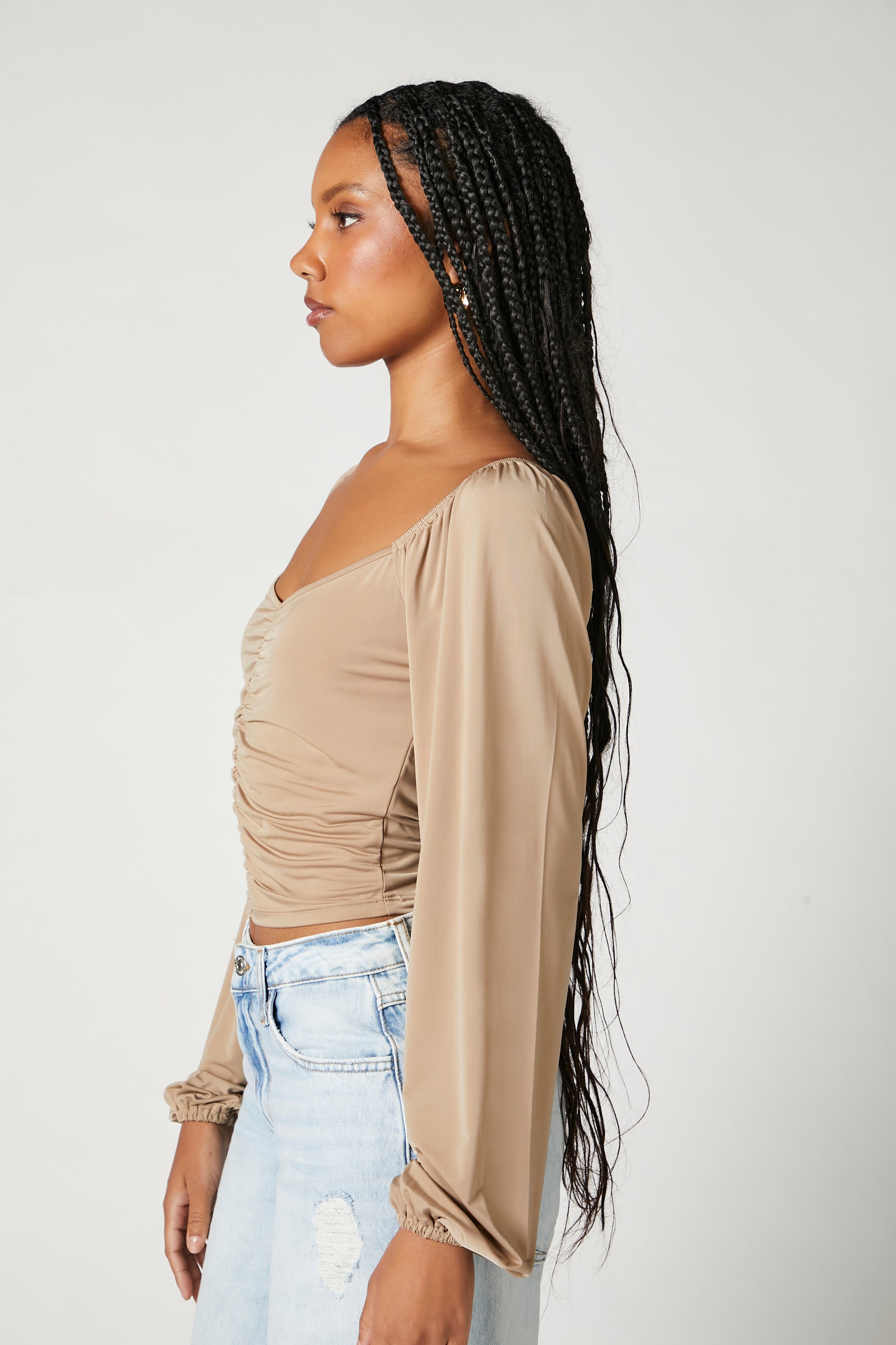 Taupe Ruched Peasant-Sleeve Top 2