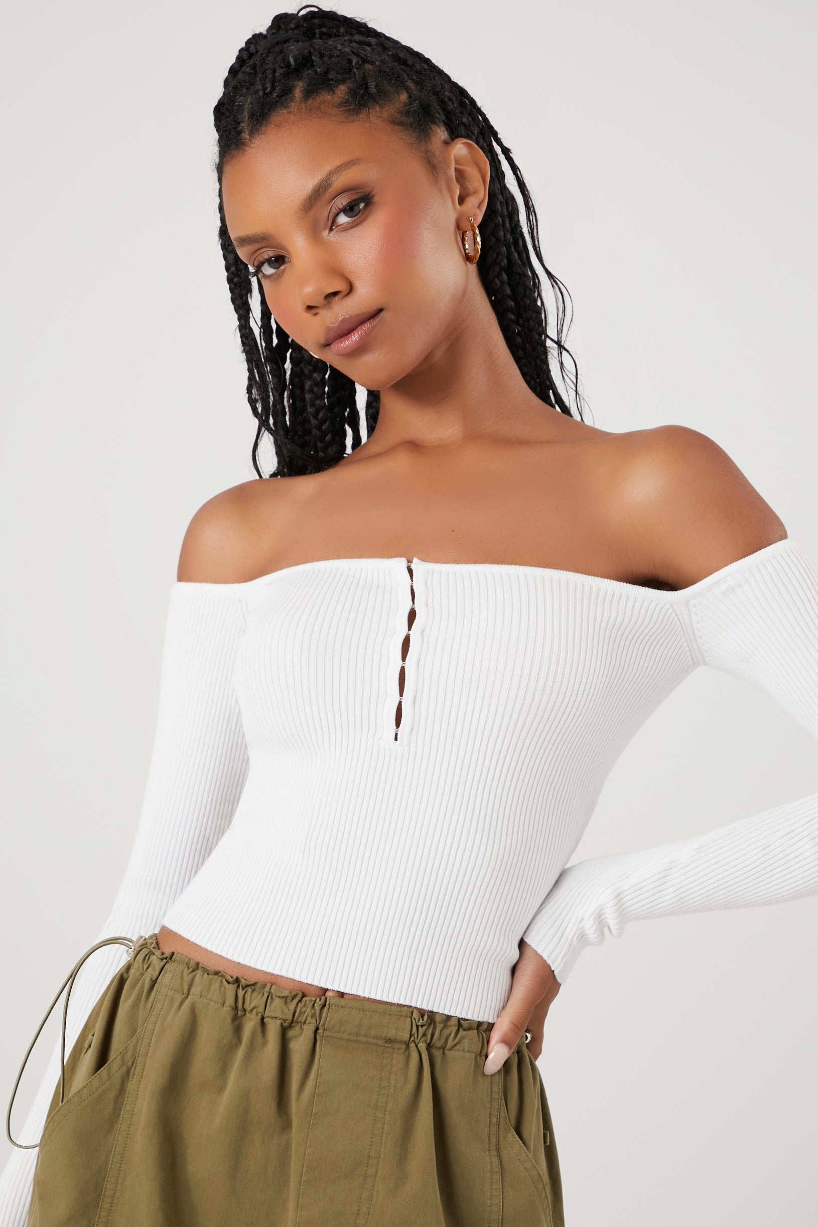 White Sweater-Knit Off-the-Shoulder Top