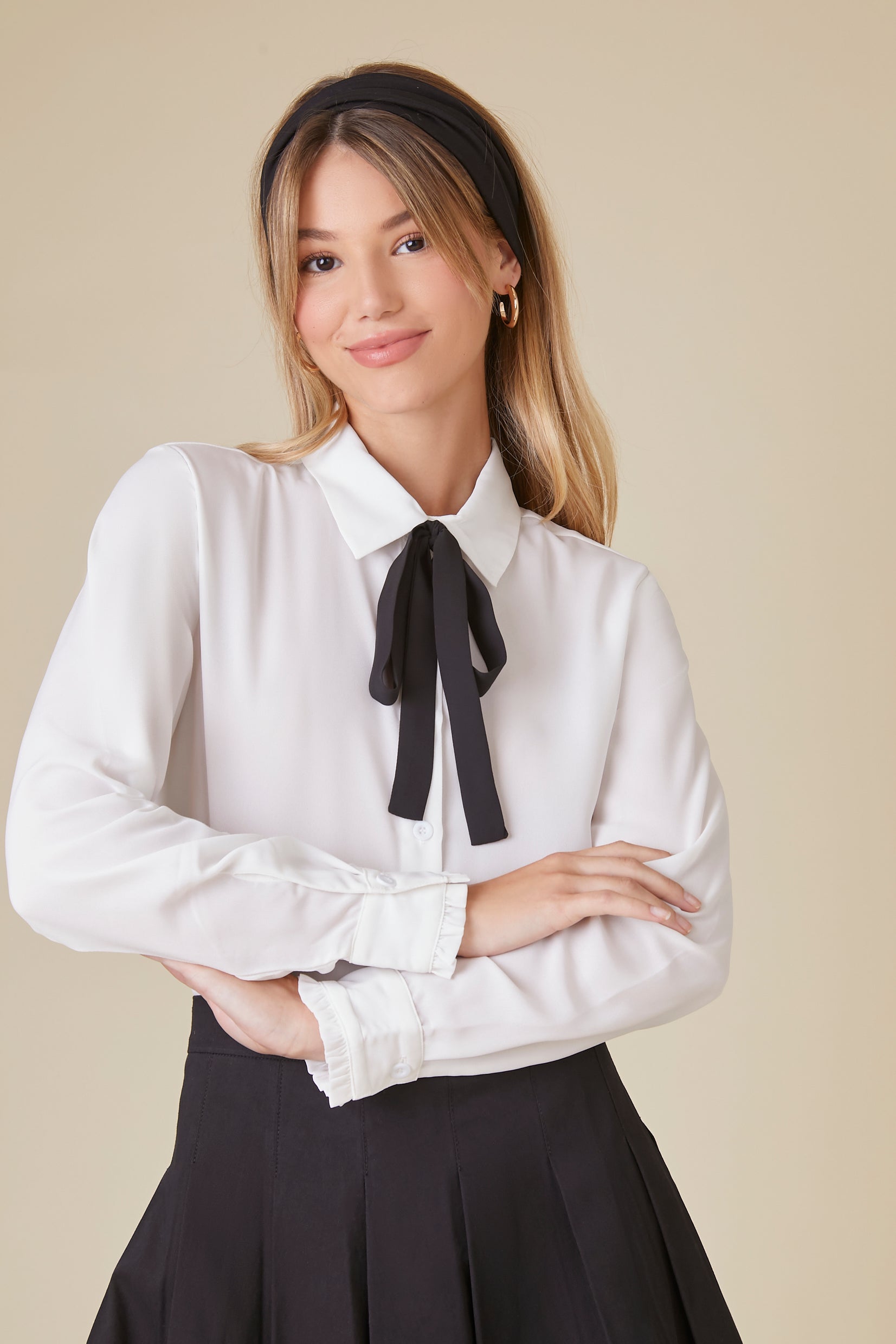 White/Black Uniform Chiffon Bow Shirt