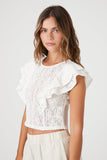 White Lace Flounce-Sleeve Crop Top 1