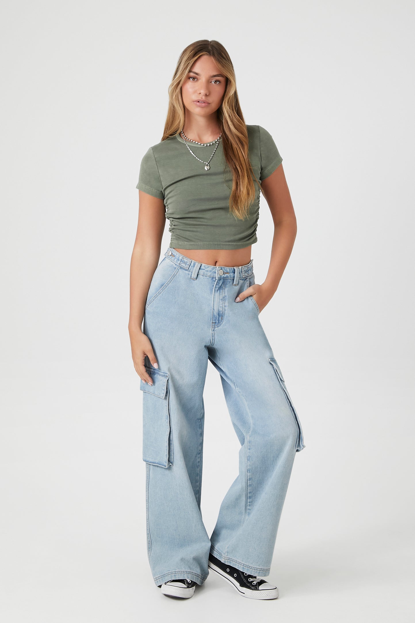 Dark Olive Mineral Wash Ruched Cropped Tee 3