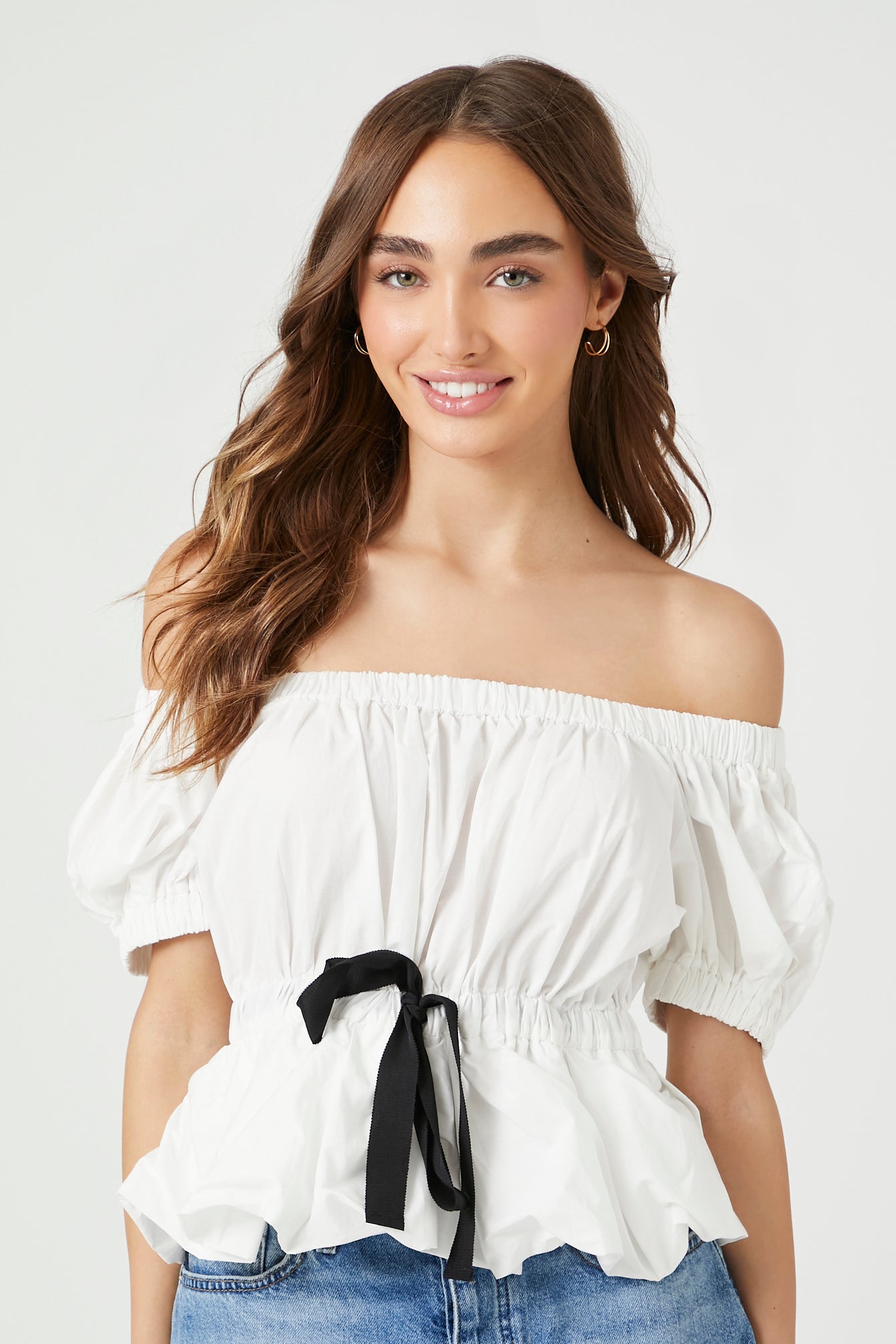 White/Black Off-the-Shoulder Puff-Sleeve Top