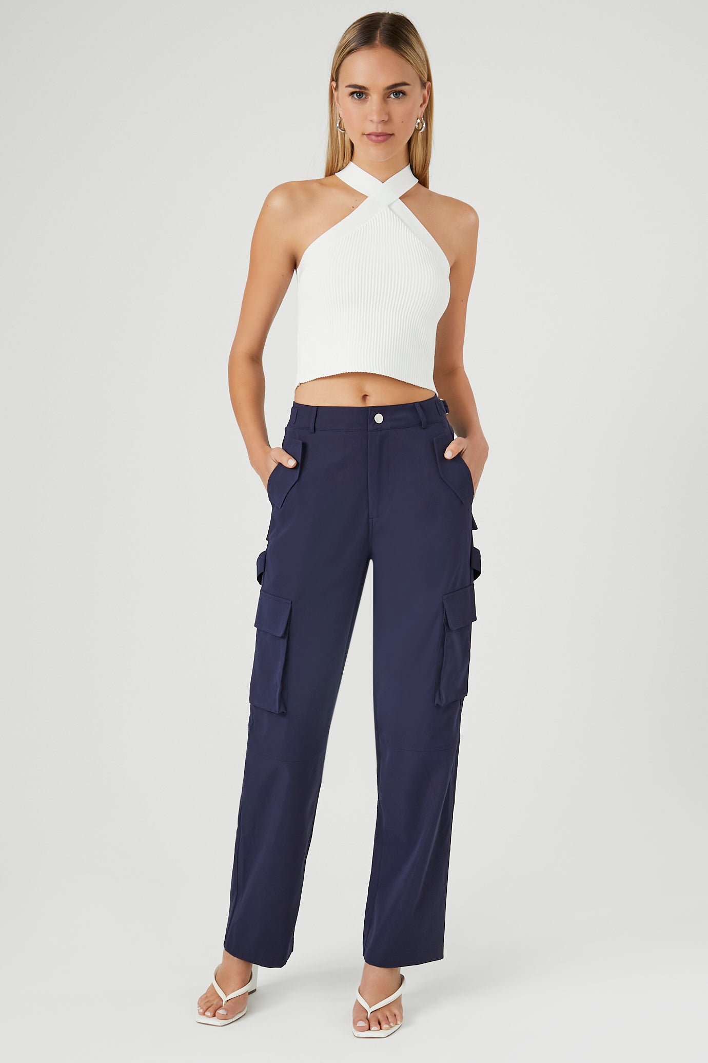 Navy Twill High-Rise Cargo Pants