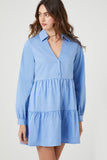 Blue Poplin Tiered Mini Shirt Dress 