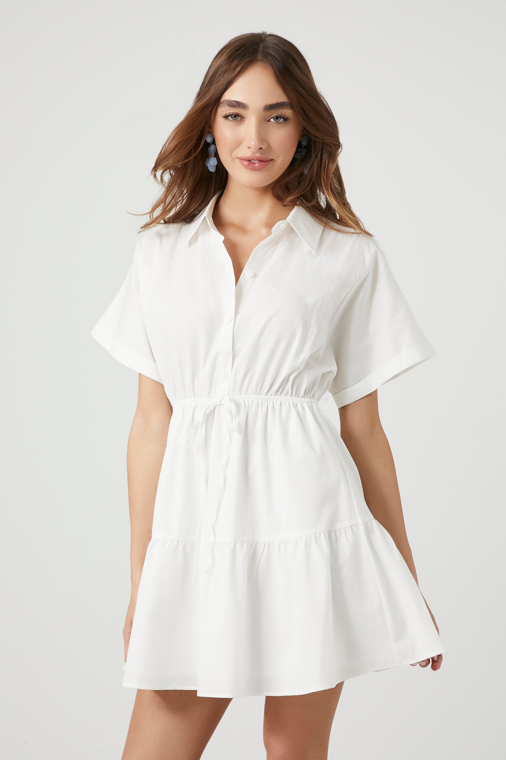 White Tiered Poplin Shirt Dress