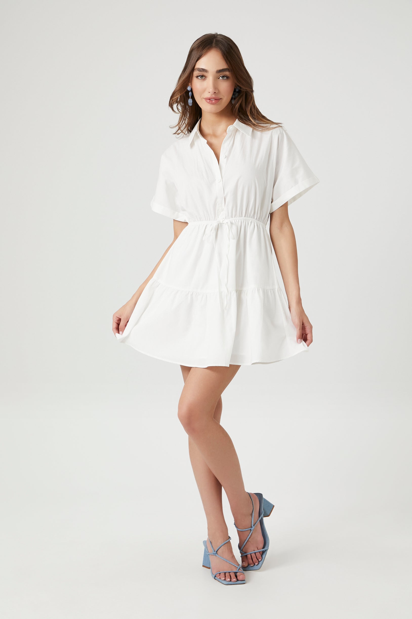 White Tiered Poplin Shirt Dress 3