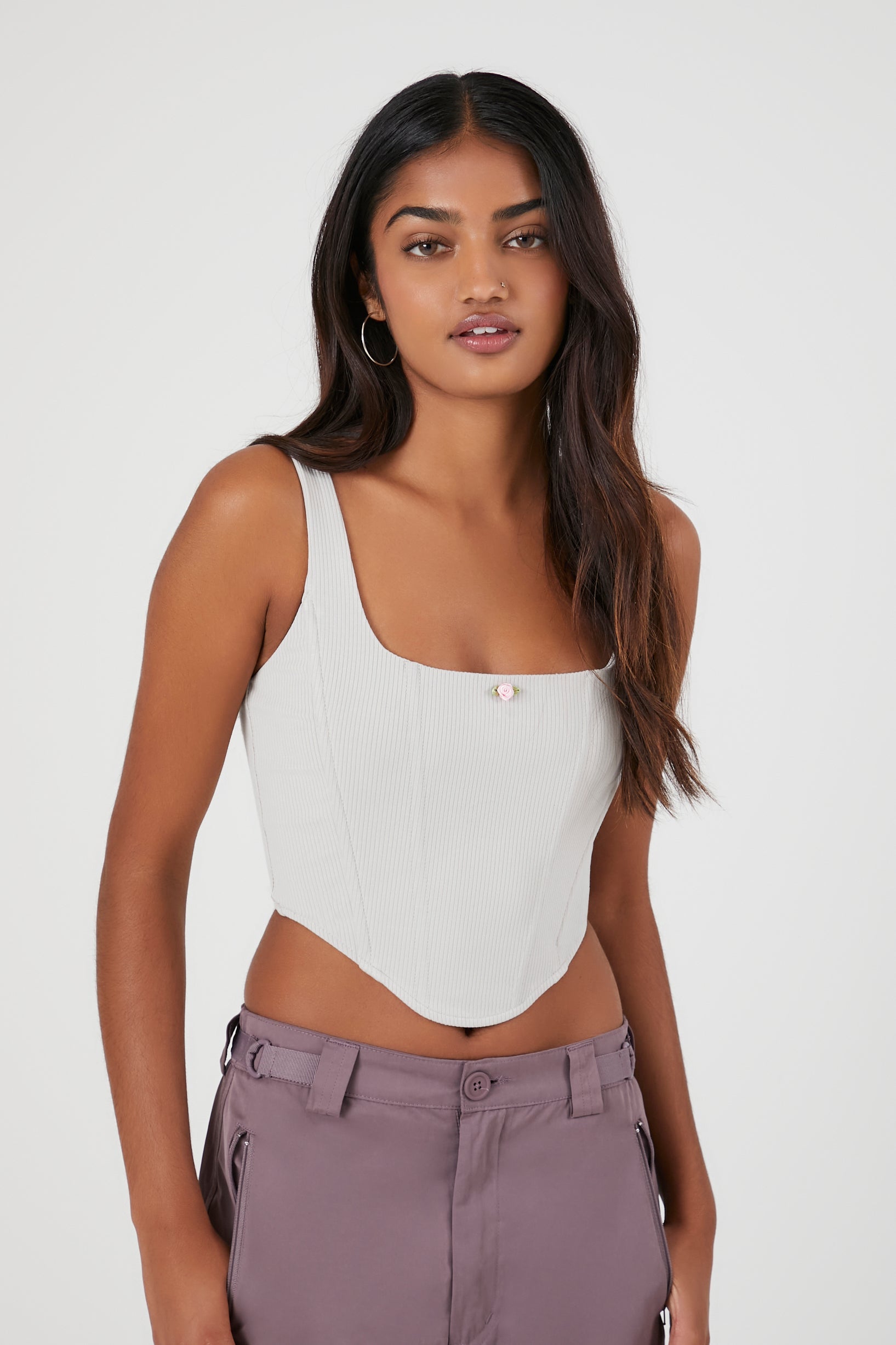 Silver Ribbed Rose Cropped Bustier Top 