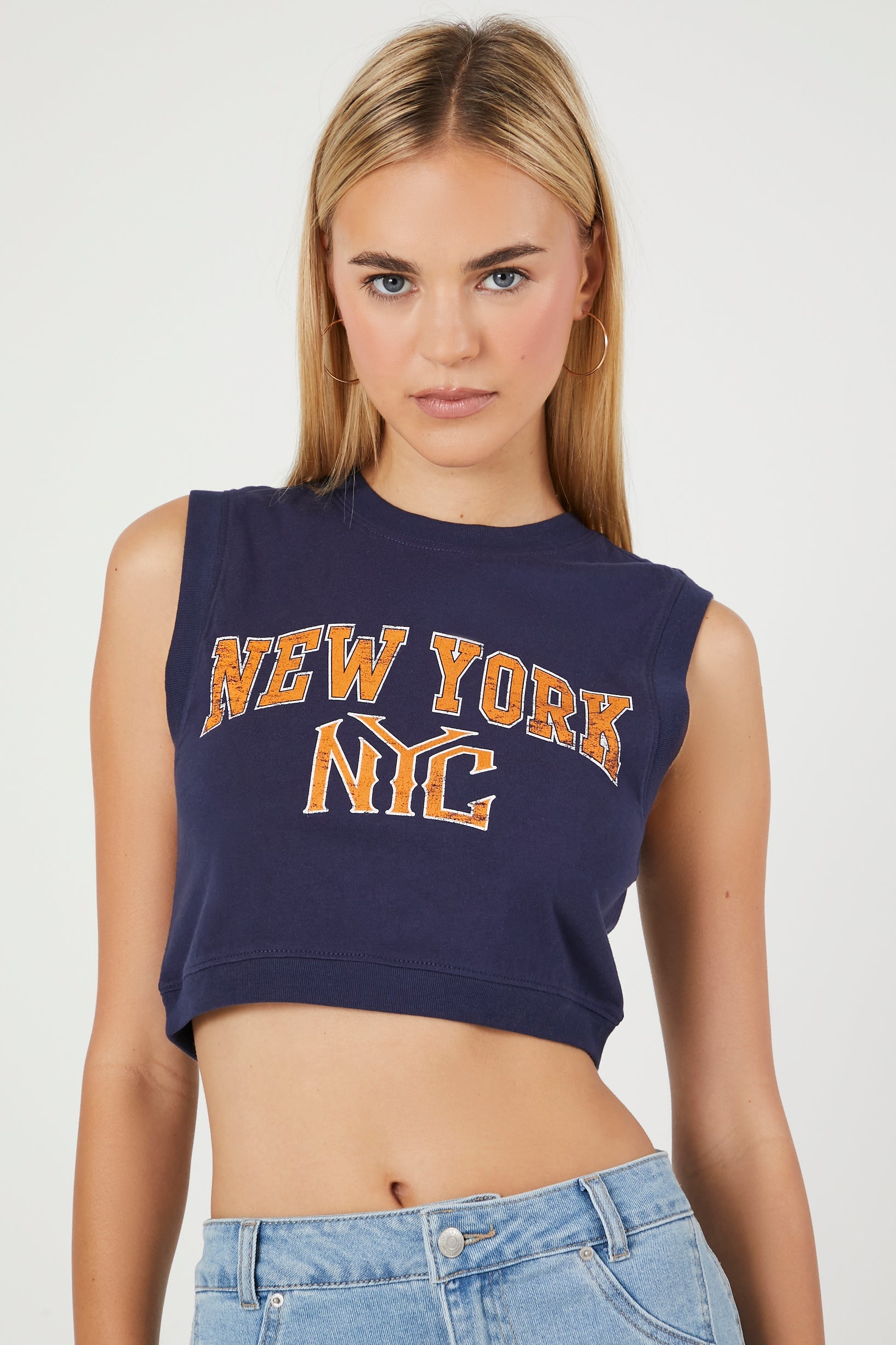 Navy/Multi Cropped NYC Graphic Muscle Tee