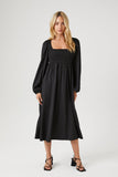 Black Gingham Peasant-Sleeve Midi Dress 